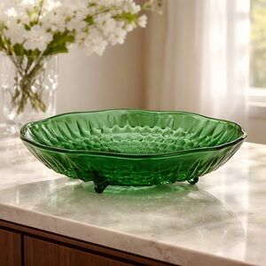 Vintage Anchor Hocking Three Footed Hobnail Glass Emerald Green Bowl